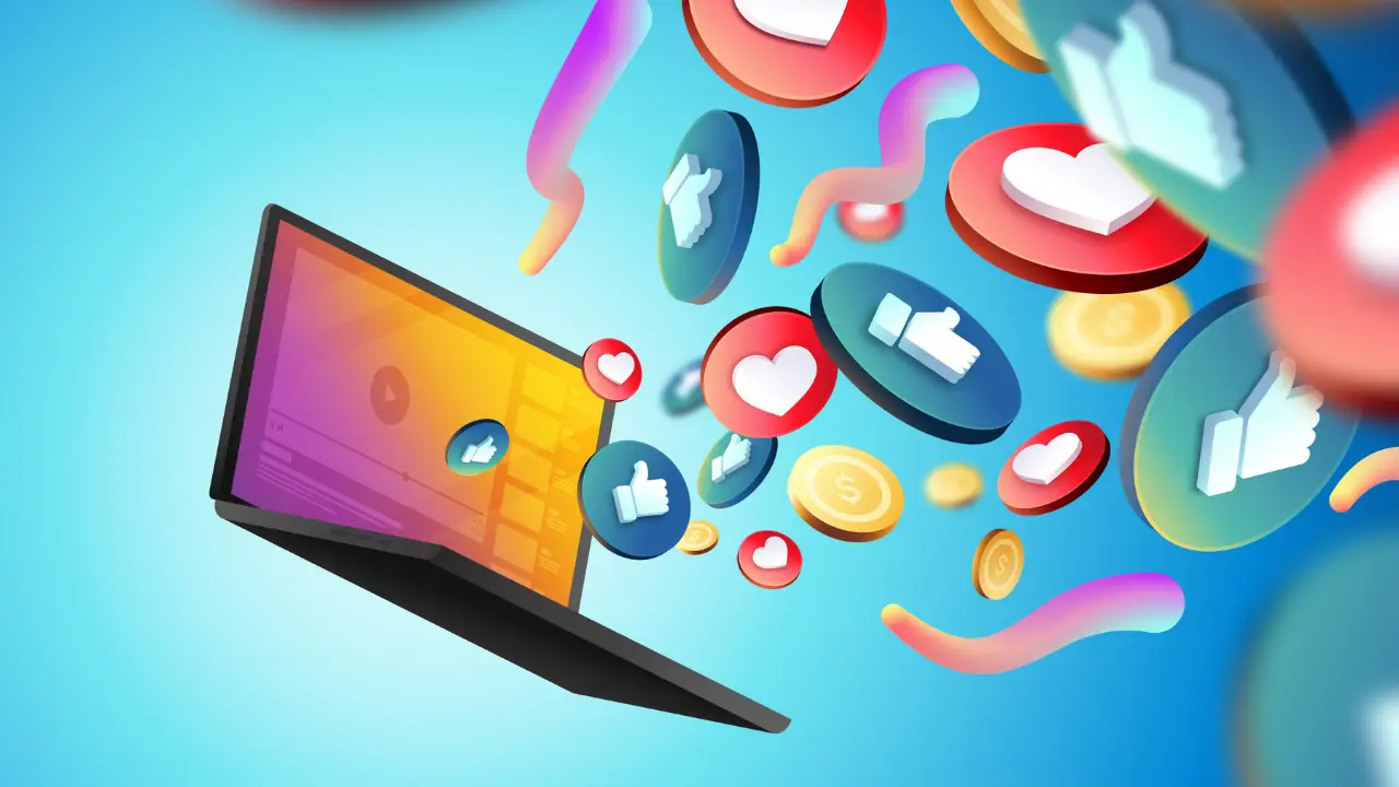 Imagem notebook com as logos das redes sociais saindo da tela