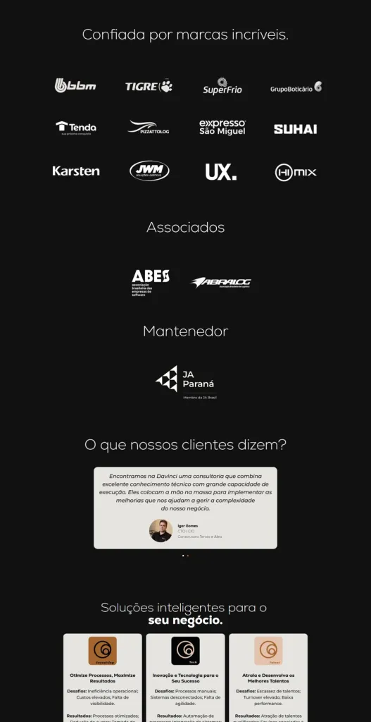 Seções do site da Davinci: marcas atendidas, associados, depoimentos, soluções e formulário