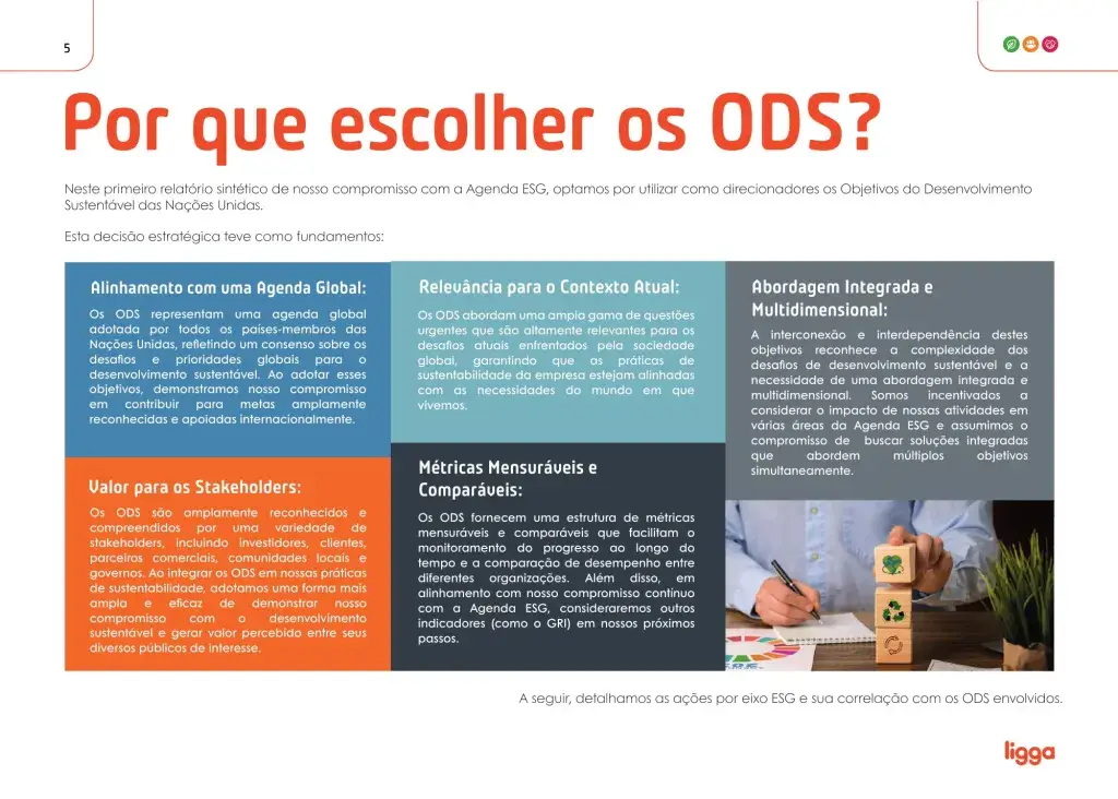 Página sobre os Objetivos de Desenvolvimento Sustentável escolhidos pela Ligga