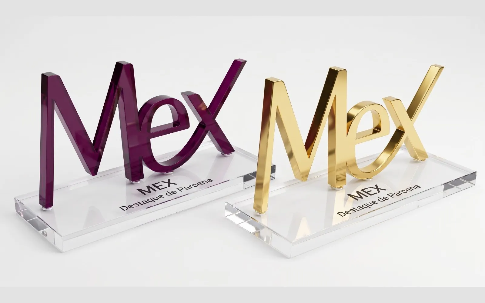 Troféu do MEX Mulheres Executivas em acrílico, versões roxa e dourada