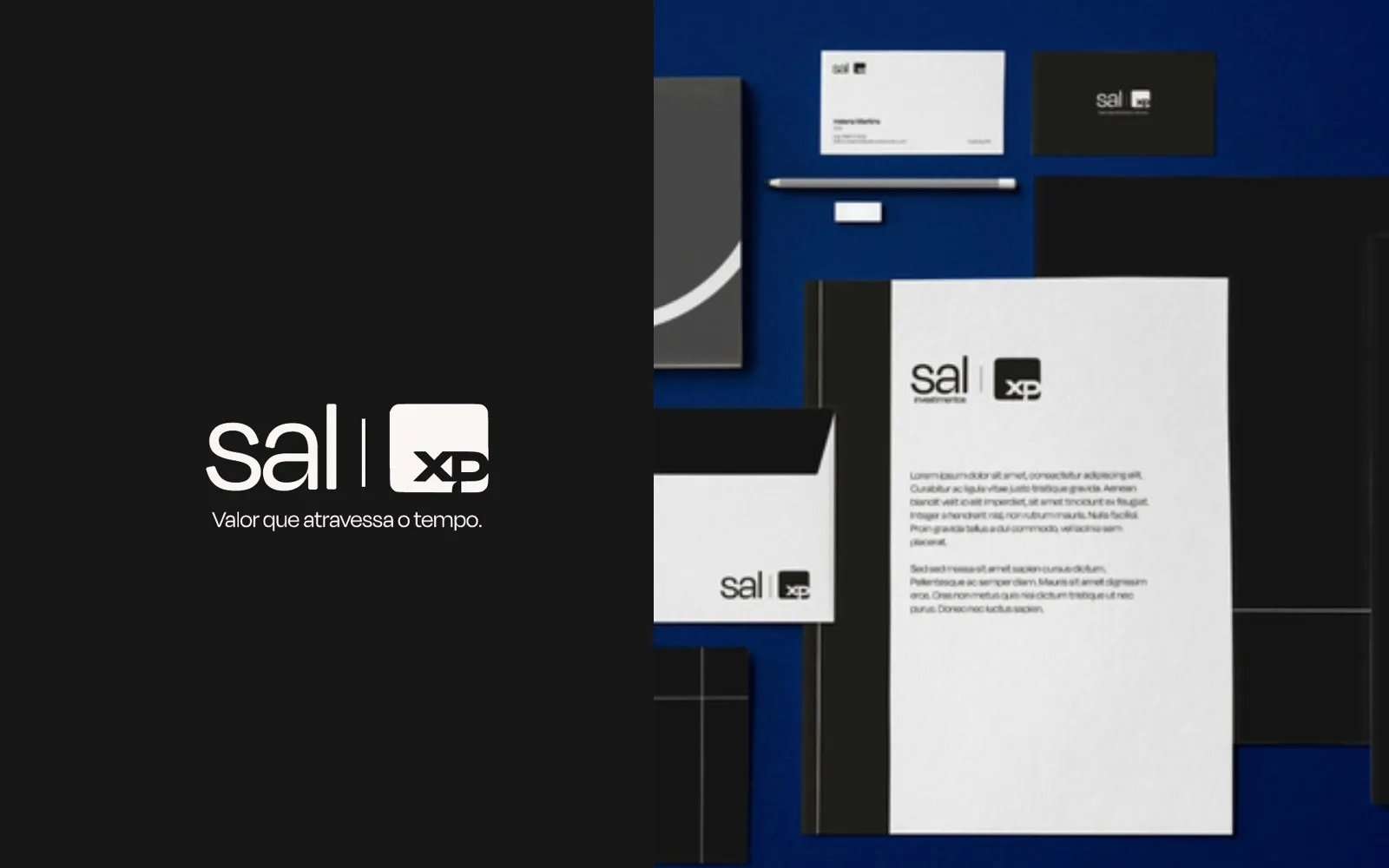 Logo sal | xp ao lado do mockup da papelaria da Sal Investimentos