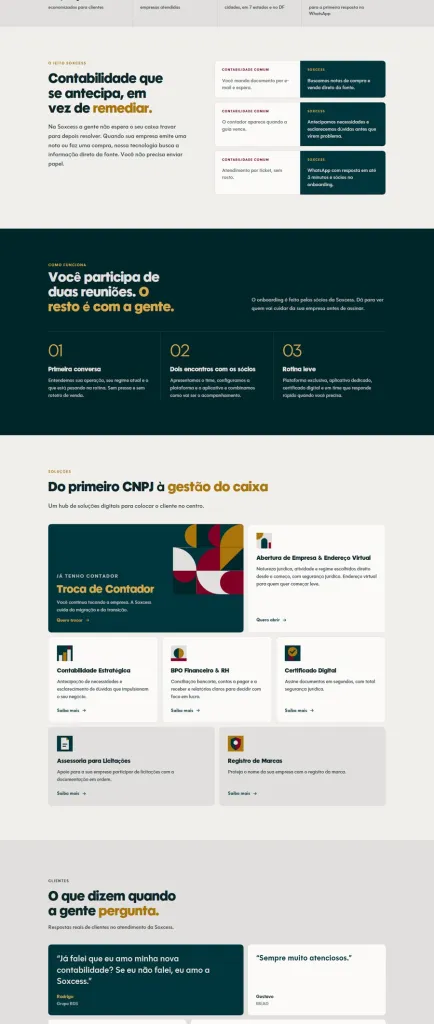 Seções do site da Soxcess: comparação, como funciona, soluções e depoimentos